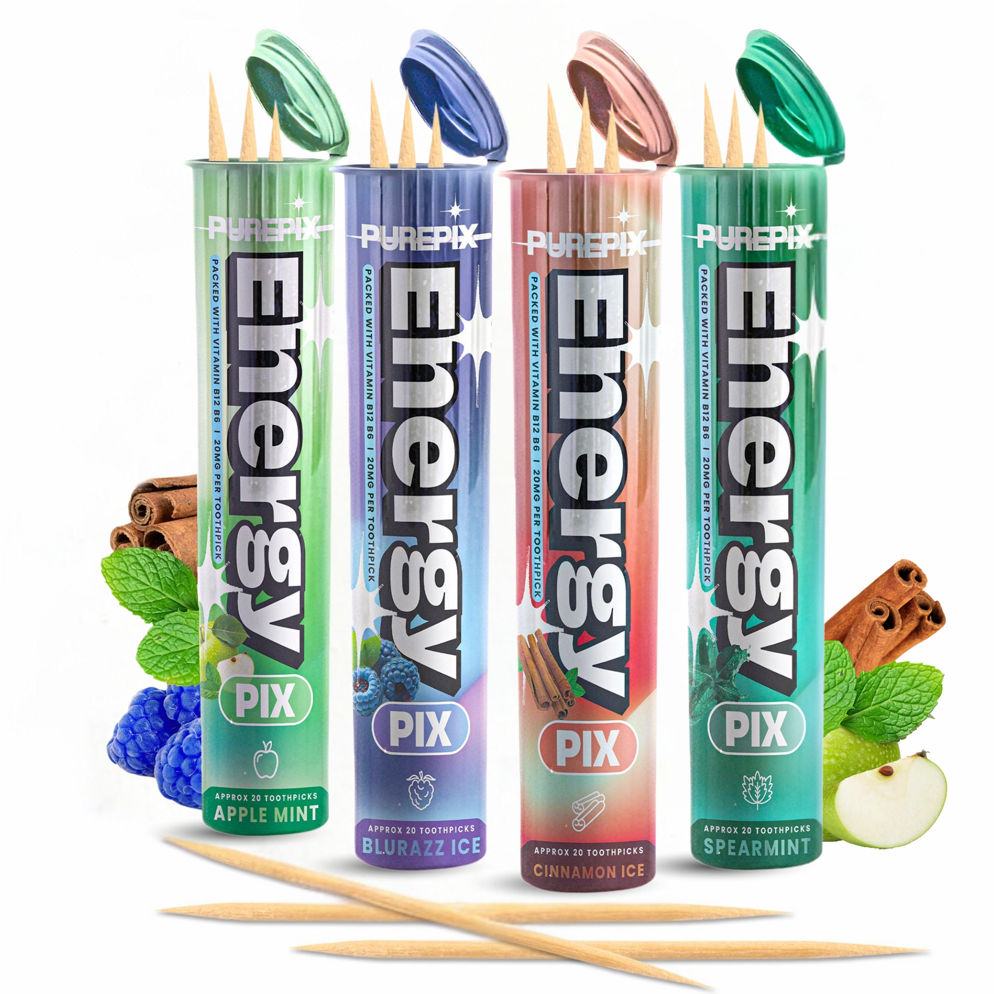 EnergyPix - Caffeine Flavored Toothpicks with L-Theanine, B12 for Focus & Energy - Sugar-Free Alternative to Energy Mints & Gum - 20 Count, Kosher