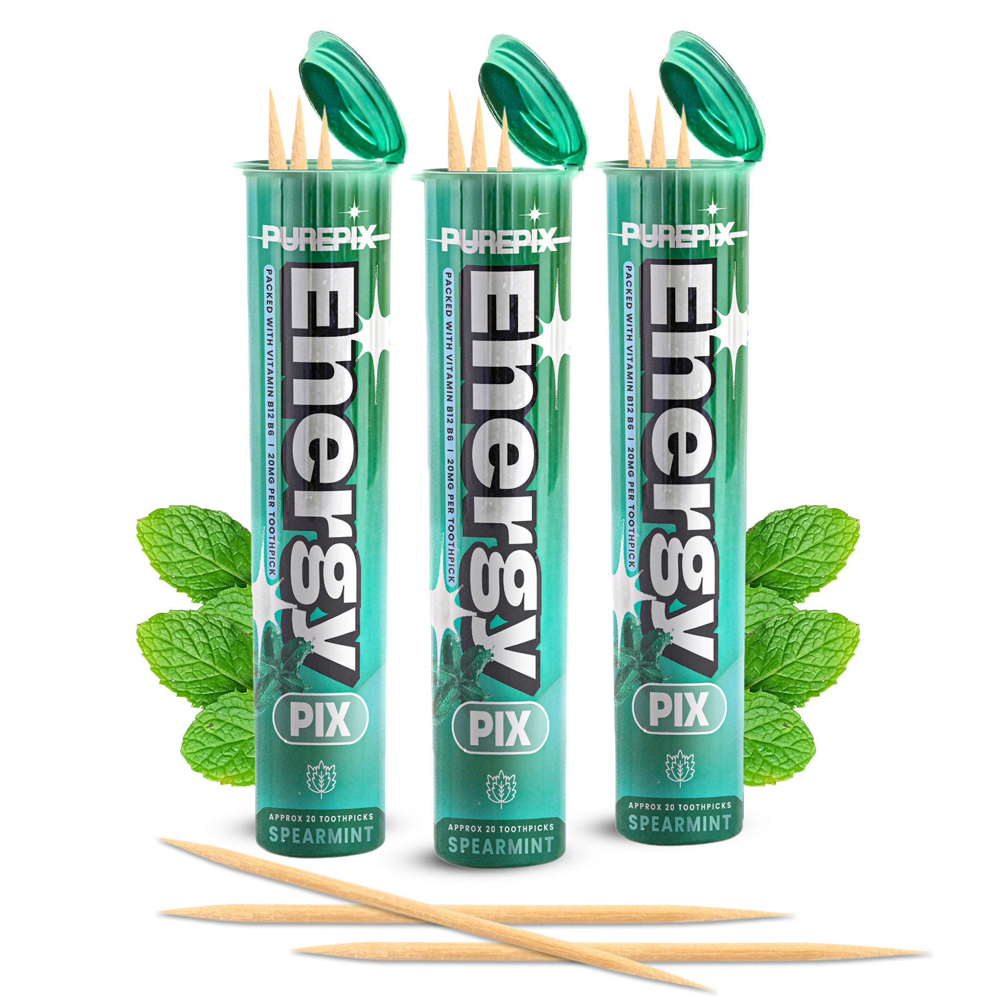 EnergyPix - Caffeine Flavored Toothpicks with L-Theanine, B12 for Focus & Energy - Sugar-Free Alternative to Energy Mints & Gum - 20 Count, Kosher