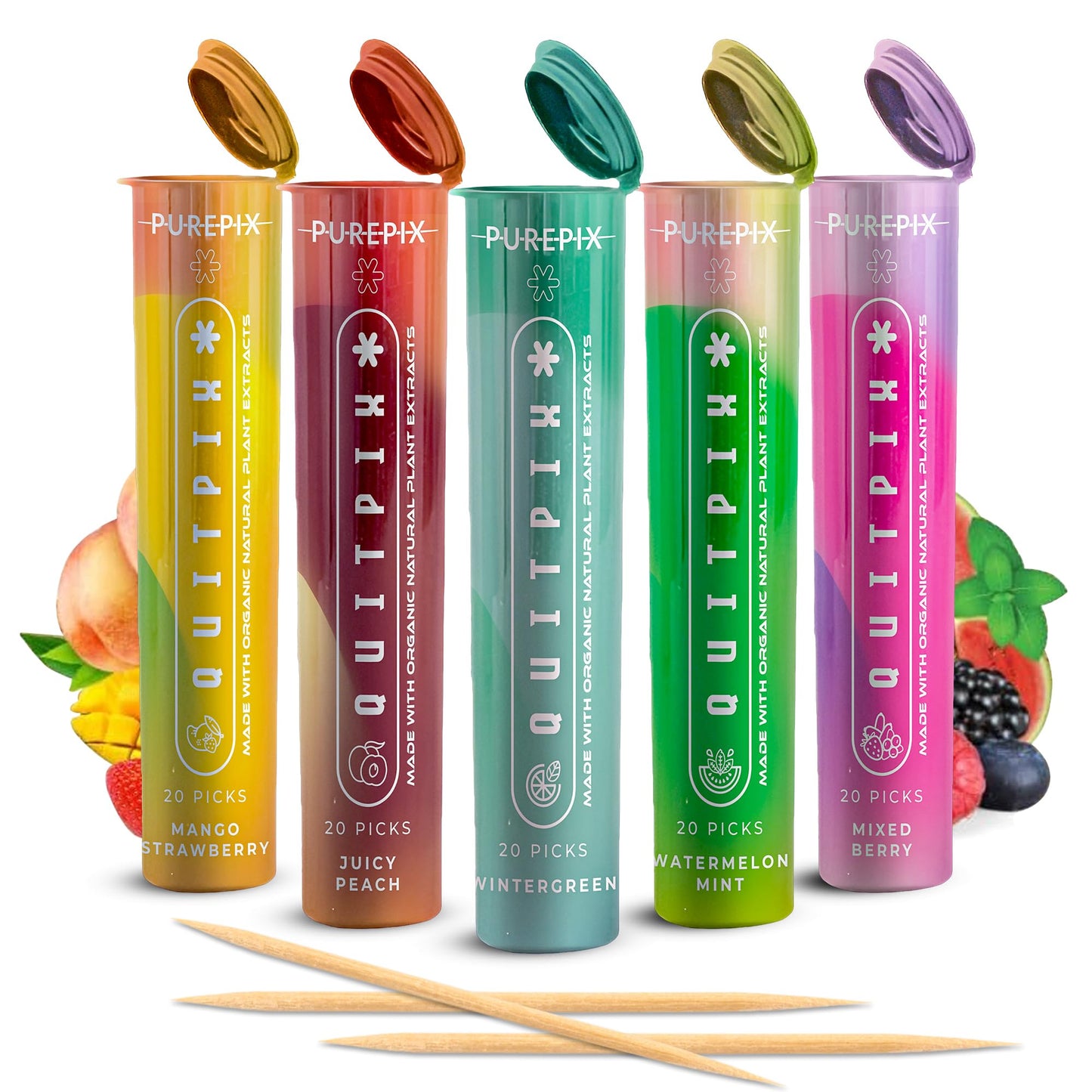 QuitPix to Help Quit Smoking Extra Thick Boosting Flavored Toothpicks with Lobelia - Aromatherapy - Oral Fixation - Nicotine Free Toothpicks - 5 Flavors Kosher Variety Pack