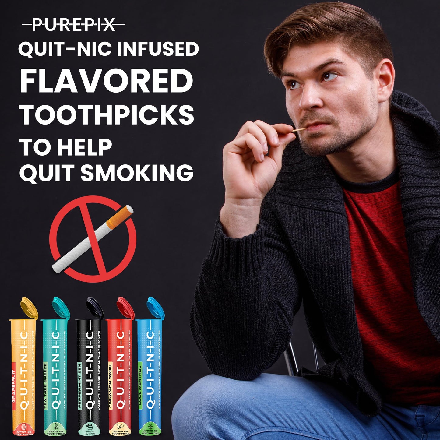 Quit-NIC Infused Flavored Toothpicks to Help Quit Smoking - Nicotine Free - Non-GMO, Kosher Vegan Variety Pack, 20 Count (Pack of 5)