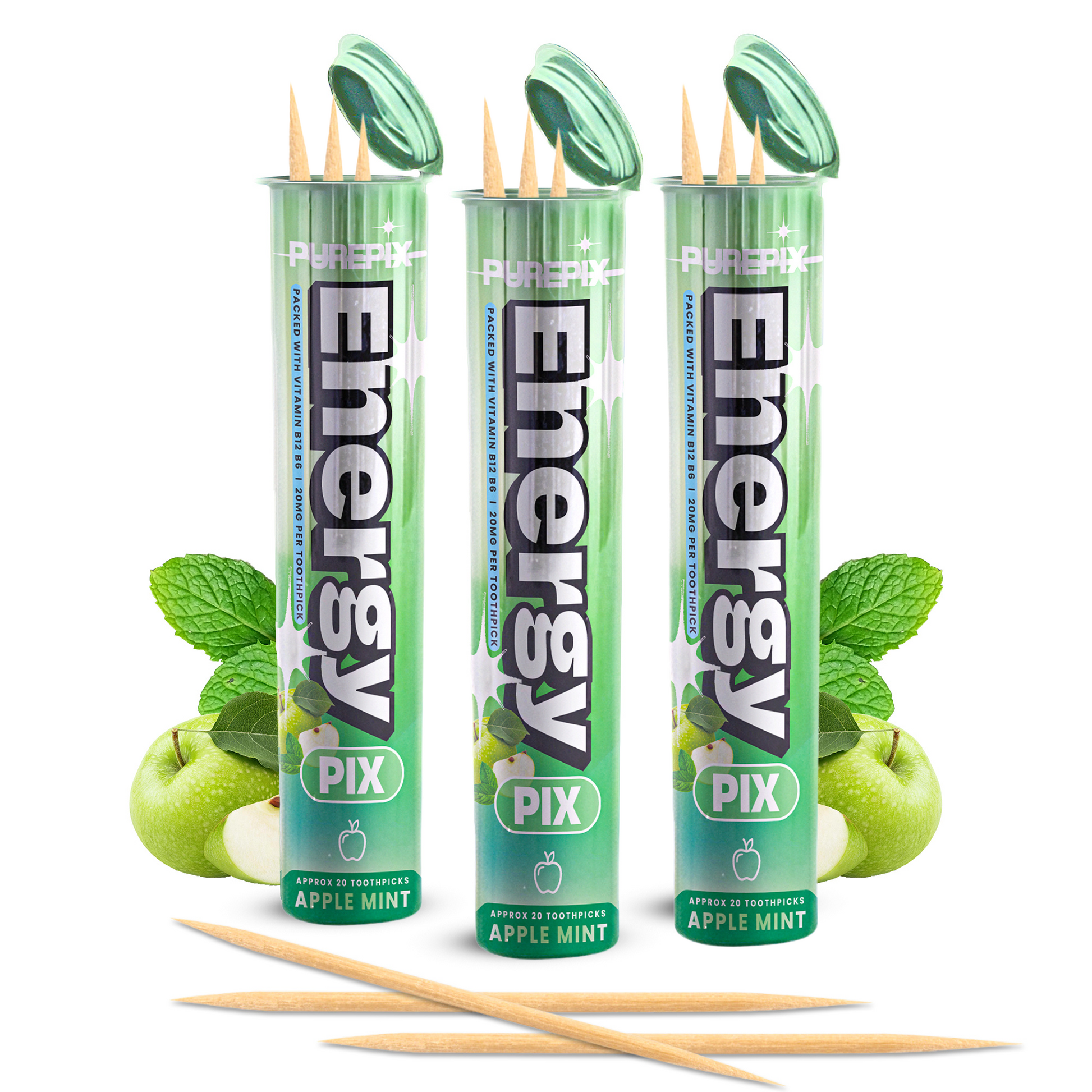 EnergyPix - Caffeine Flavored Toothpicks with L-Theanine, B12 for Focus & Energy - Sugar-Free Alternative to Energy Mints & Gum - 20 Count, Kosher