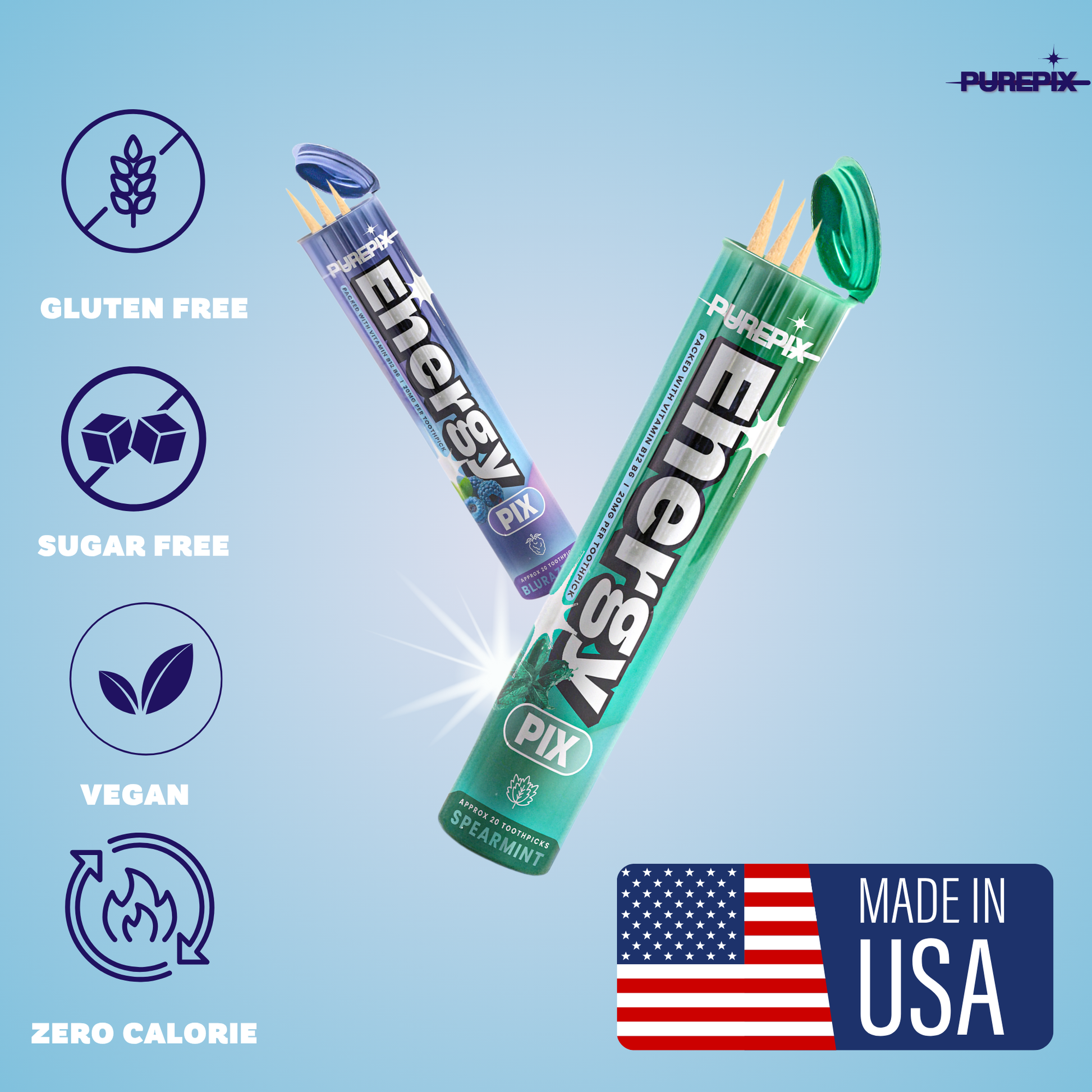 EnergyPix - Caffeine Flavored Toothpicks with L-Theanine, B12 for Focus & Energy - Sugar-Free Alternative to Energy Mints & Gum - 20 Count, Kosher