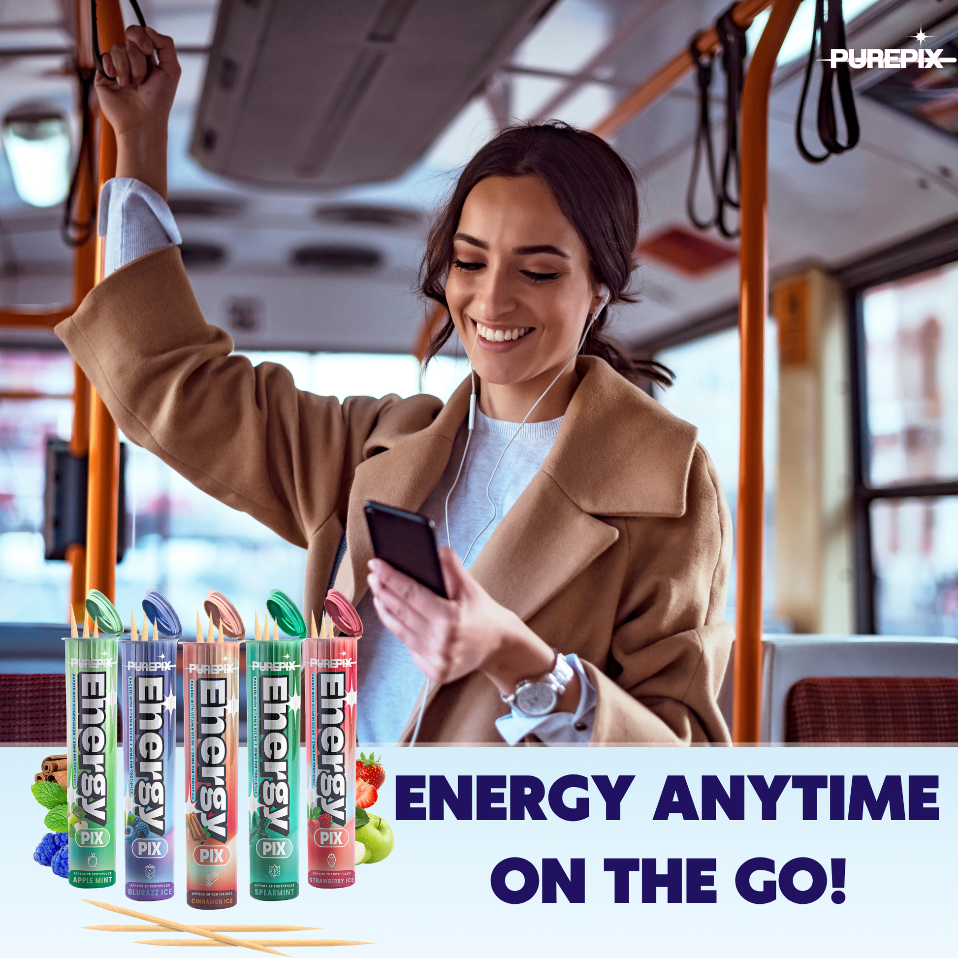 EnergyPix - Caffeine Flavored Toothpicks with L-Theanine, B12 for Focus & Energy - Sugar-Free Alternative to Energy Mints & Gum - 20 Count, Kosher