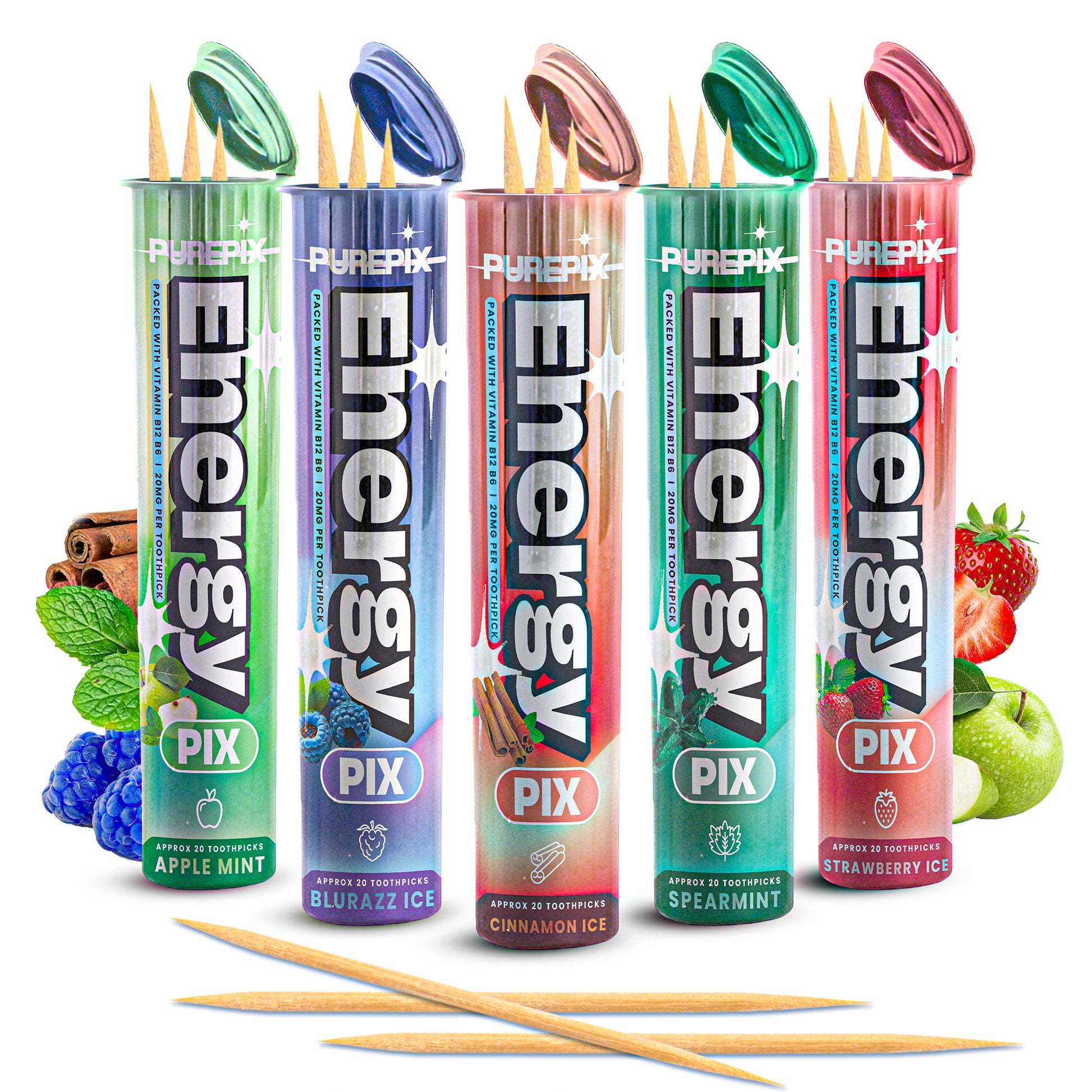 EnergyPix - Caffeine Flavored Toothpicks with L-Theanine, B12 for Focus & Energy - Sugar-Free Alternative to Energy Mints & Gum - 20 Count, Kosher