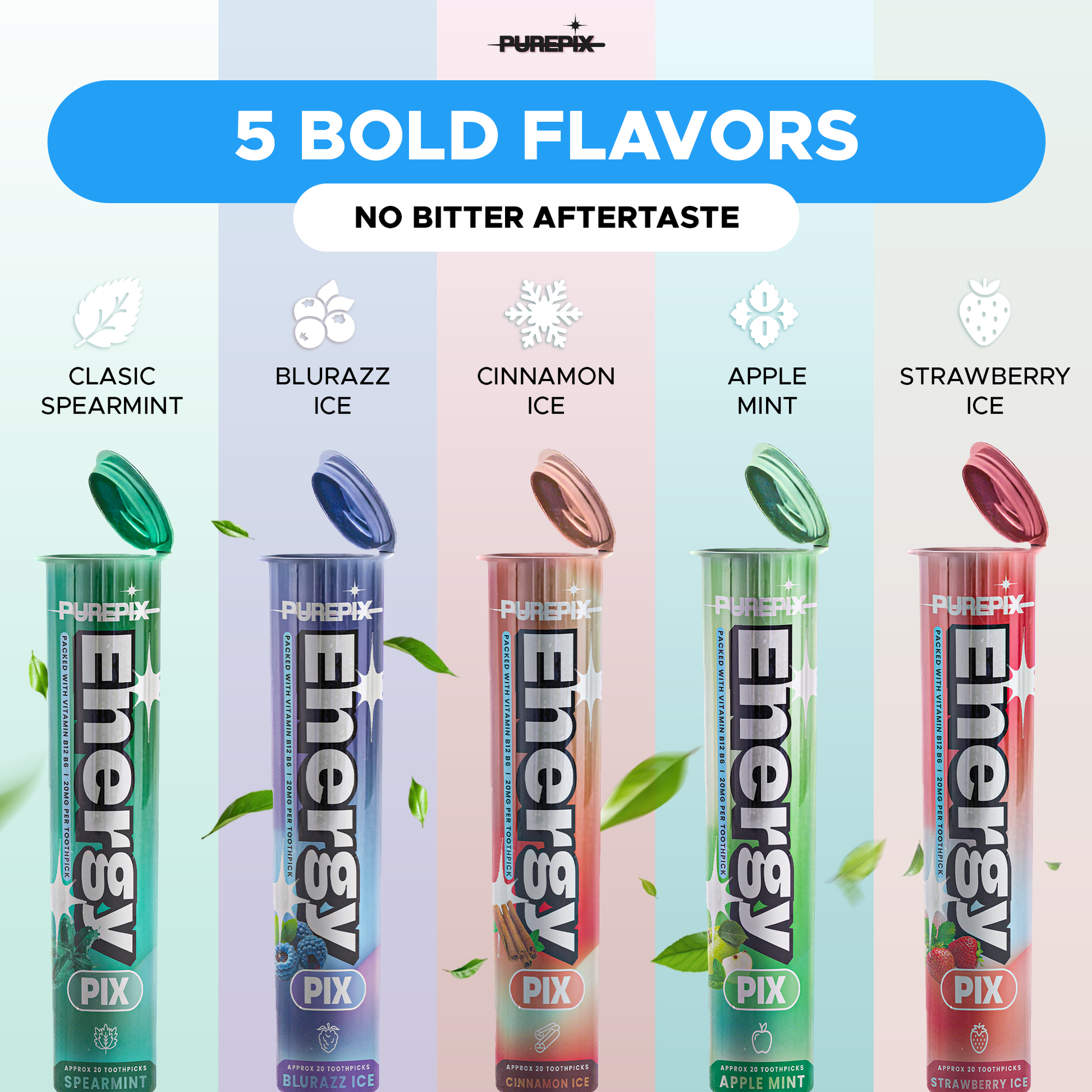 EnergyPix - Caffeine Flavored Toothpicks with L-Theanine, B12 for Focus & Energy - Sugar-Free Alternative to Energy Mints & Gum - 20 Count, Kosher