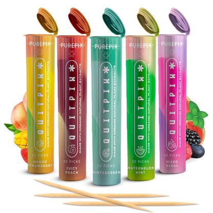 QuitPix to Help Quit Smoking Extra Thick Flavored Toothpicks with Lobelia Nicotine Free Toothpicks - (5 Flavors Variety Pack)