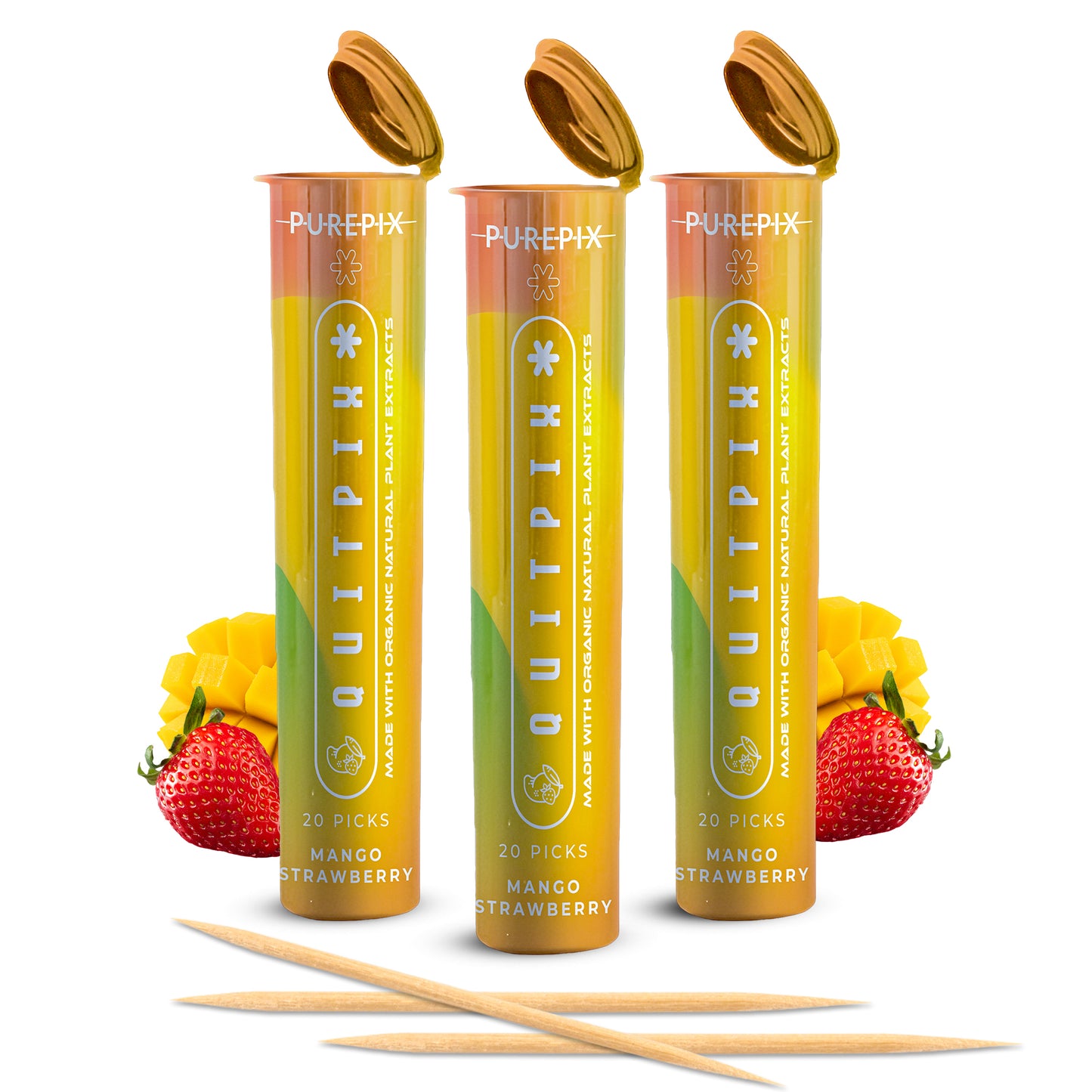 QuitPix to Help Quit Smoking Extra Thick Flavored Toothpicks with Lobelia Nicotine Free Toothpicks (Mango Strawberry 3 Pack)