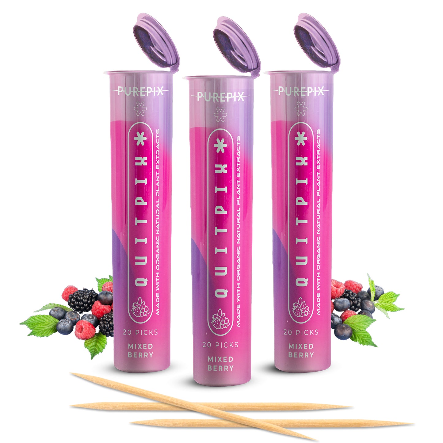 QuitPix to Help Quit Smoking Extra Thick Flavored Toothpicks with Lobelia Nicotine Free Toothpicks (Mixed Berry 3 Pack)