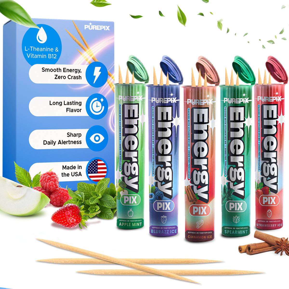 Personal Energy Imprinter PEI-201　チップ付き EnergyPix 5 Flavors Variety Pack | Premium Flavored Toothpick