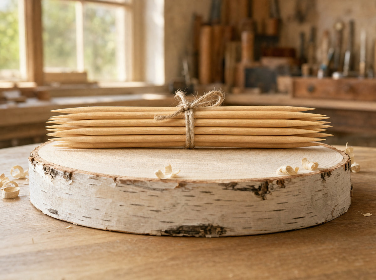 Bundle of extra thick double-pointed birchwood toothpicks on a birch log slice